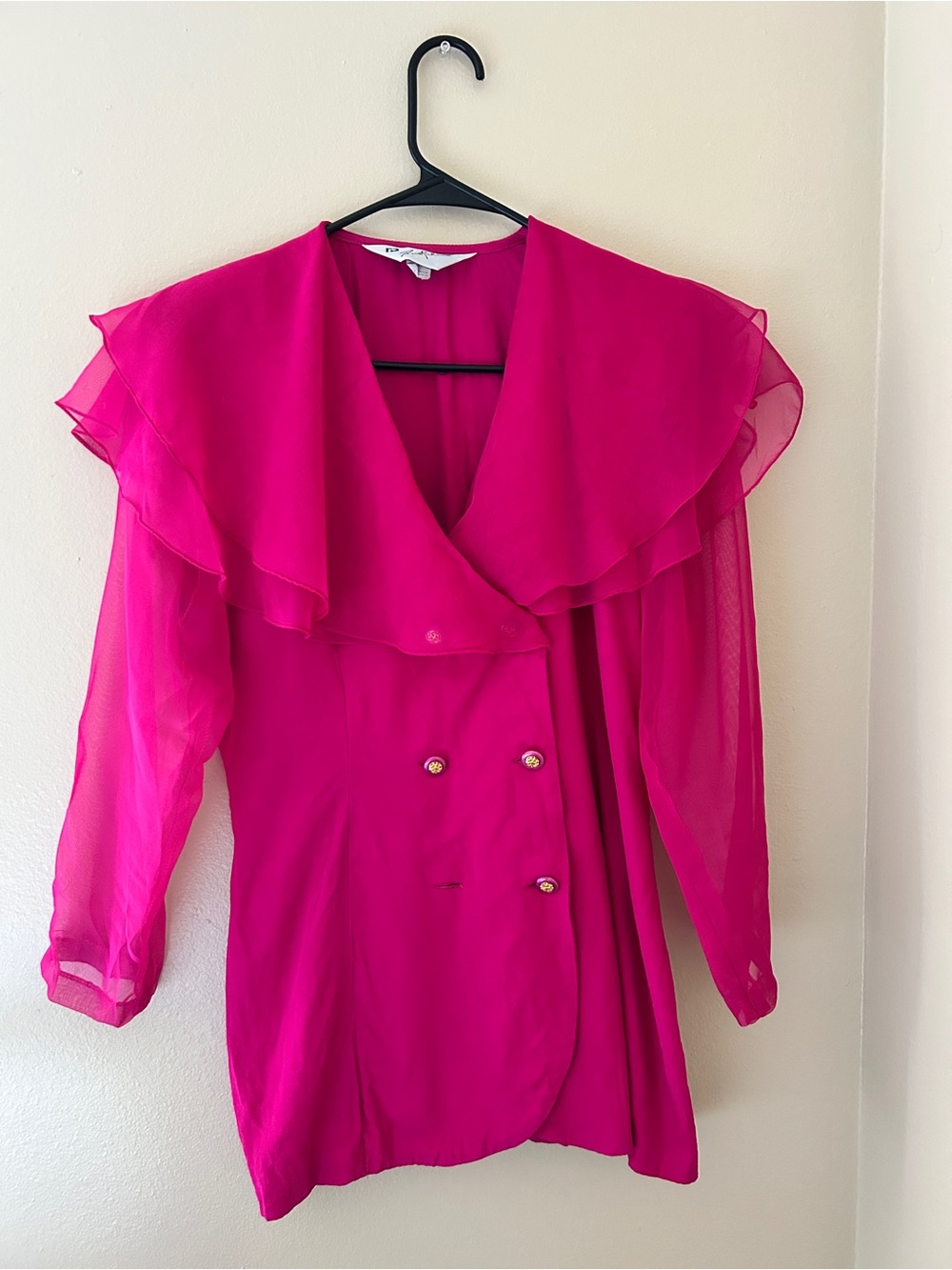 Vintage 80s Paco Rabanne Magenta Ruffle Collar Blouse S/M